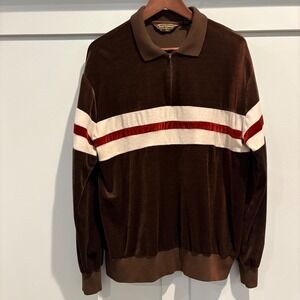 Sears SportsWear Velour Pullover Mens XL Brown Striped Vintage 70s Quarter Zip